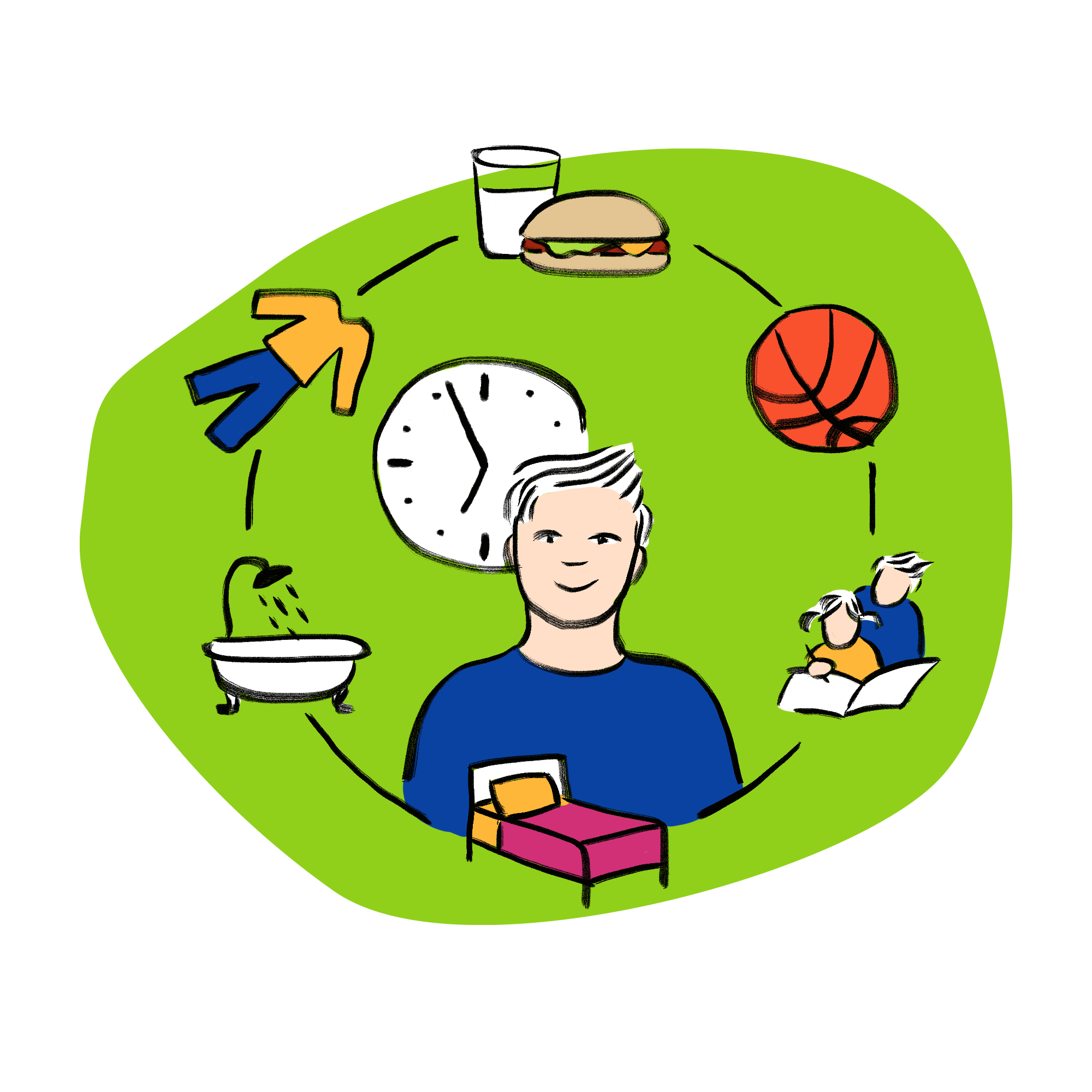 Man at the center of an activity wheel